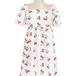 White Dress with Red Cherry Print Puff Sleeves SIZE SMALL